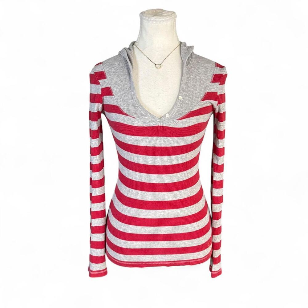 Y2K Striped Baby doll long sleeve hood super cute size small polo size small